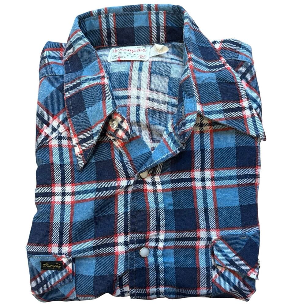Vintage 60s Wrangler Blue Plaid Pearl Snap Western Shirt Dagger Collar Large